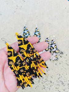 Seed Bead Cheetah Fringe Earrings